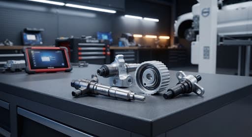 Pristine, brand new Volvo engine components on a workbench