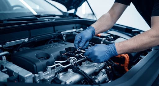 Mechanic inspecting a Volvo engine bay