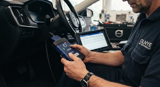 Mechanic's hands holding a specialized Volvo VIDA/DICE diagnostic tool